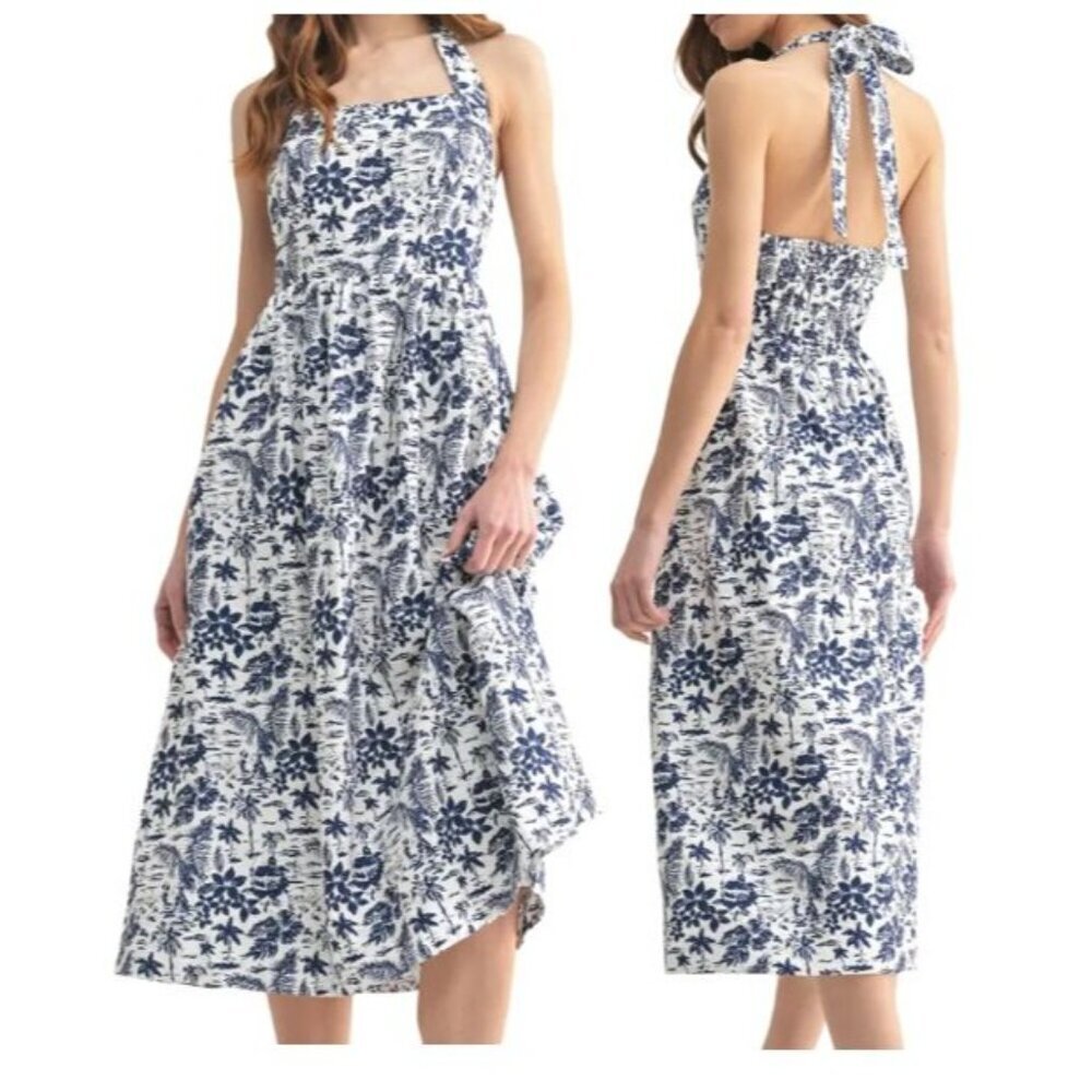 Mila Mae NEW Floral Halter Midi Dress Navy Blue White Womens XL Midi Resortwear